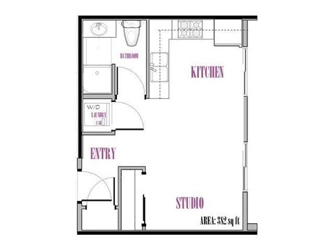 A floor plan of a studio apartment with a kitchen, entry, and bathroom.